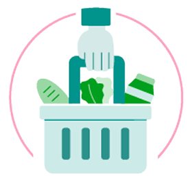 Hand holding basket of groceries icon